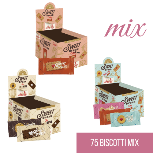 3 BOX SWEET BREAK GRAN MIX (VANIGLIA E CARAMELLO) -BI MIX ( GOCCE DI CIOCCOLATO FONDENTE E CACAO) - CARAMELLO DA 25 MINI BISCOTTI CADAUNO
